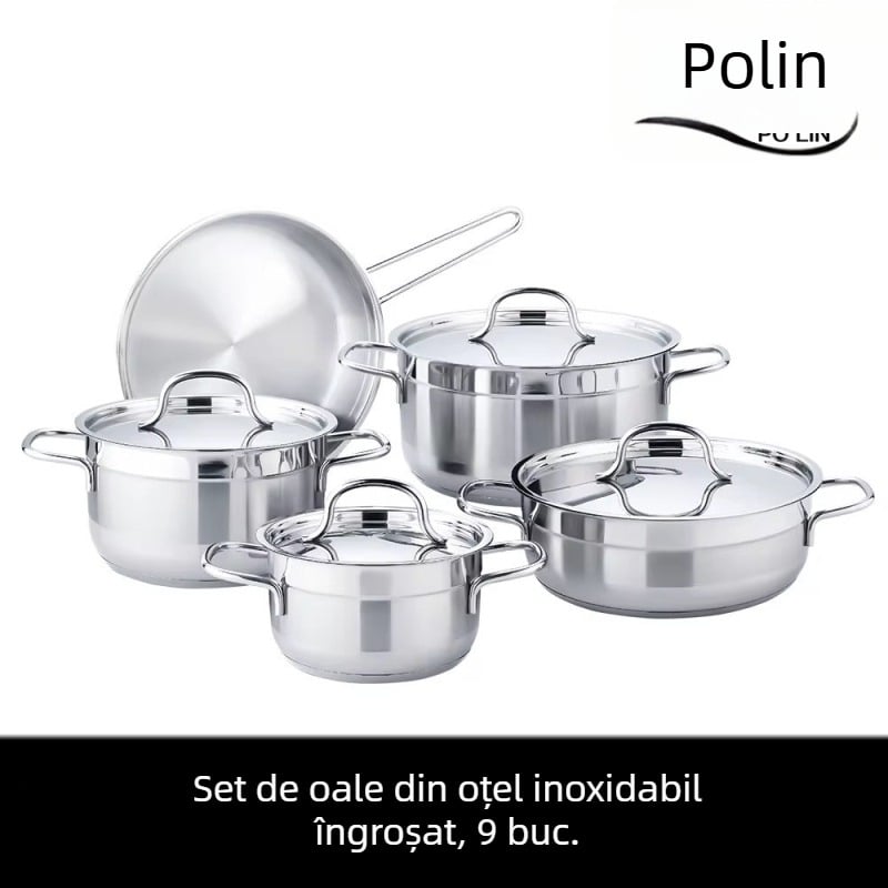 Set de 9 oale din oțel inoxidabil pentru supă, cu fund din cinci straturi și capace din sticlă