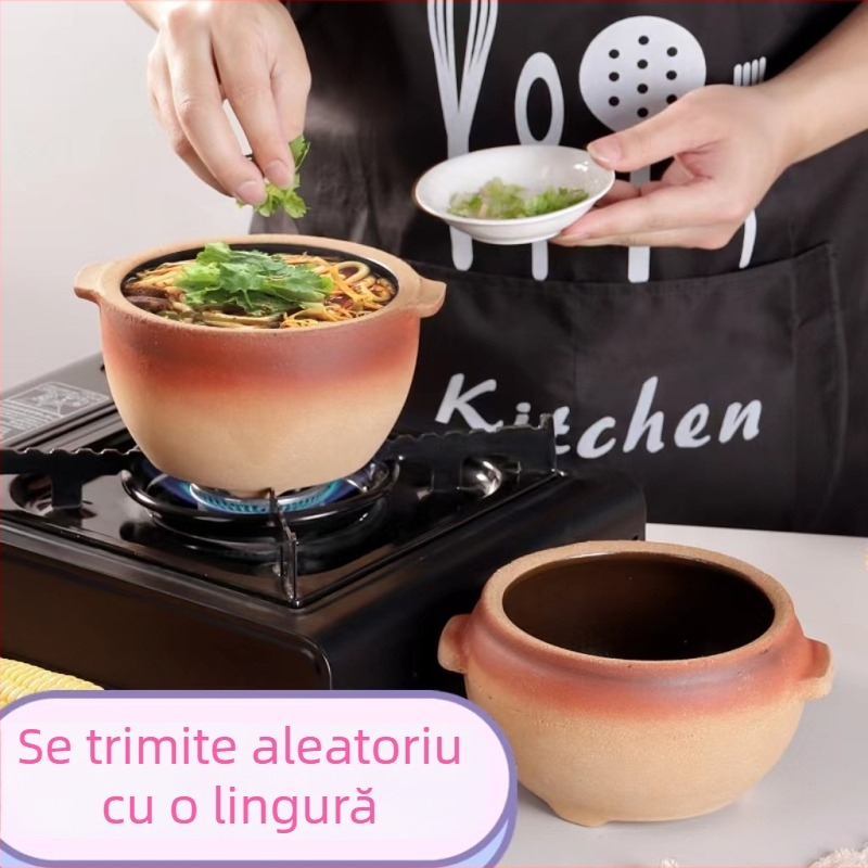 Caserolă din ceramică brută, rezistentă la temperaturi înalte, oală de lut pentru tăiței din orez, stil vechi, pentru gătit direct pe flacără deschisă, fund unic, antiaderent, capacitate sub 1 L
