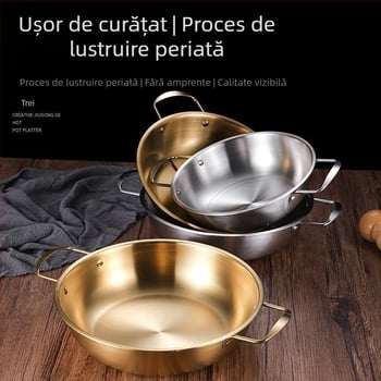 Oală de tăiței în stil coreean, din oțel inoxidabil, cu două mânere, finisaj auriu, capacitate 1 litru, pentru ramen și fructe de mare