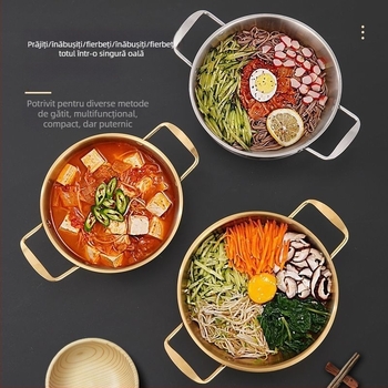Oală de tăiței în stil coreean, din oțel inoxidabil, cu două mânere, finisaj auriu, capacitate 1 litru, pentru ramen și fructe de mare