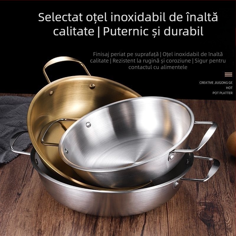Oală de tăiței în stil coreean, din oțel inoxidabil, cu două mânere, finisaj auriu, capacitate 1 litru, pentru ramen și fructe de mare