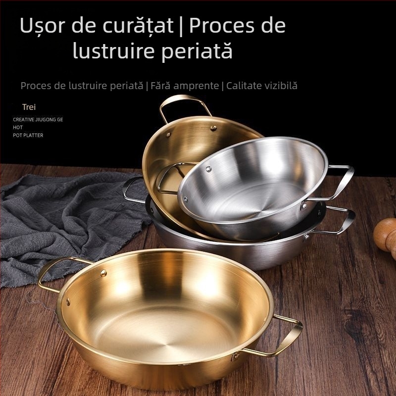 Oală de tăiței în stil coreean, din oțel inoxidabil, cu două mânere, finisaj auriu, capacitate 1 litru, pentru ramen și fructe de mare