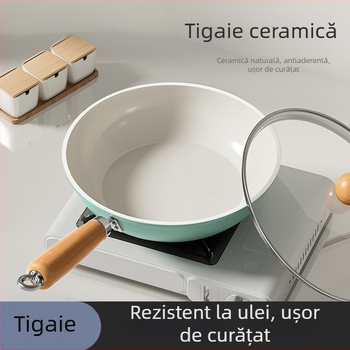 Tigaie ceramică albastră antiaderentă, cu bază plată, pentru uz casnic, compatibilă cu toate plitele