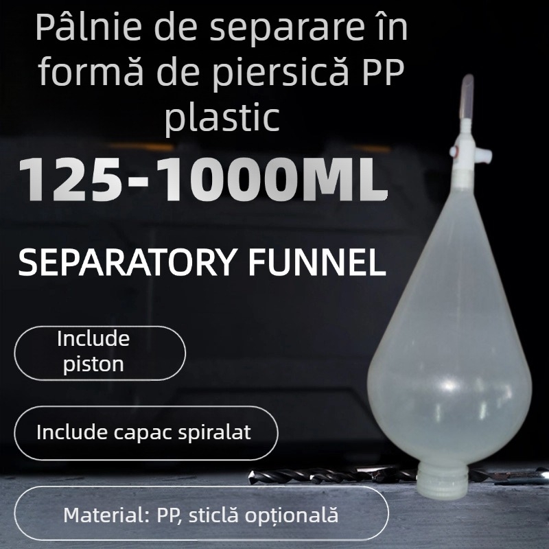 Separator în formă de pară, din PP translucid și sticlă complet transparentă, cu piston și capac din plastic spiral