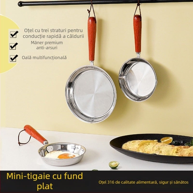 Tigaie din oțel inoxidabil 304, cu fund plat, mică tigaie pentru ouă, multifuncțională, fără strat