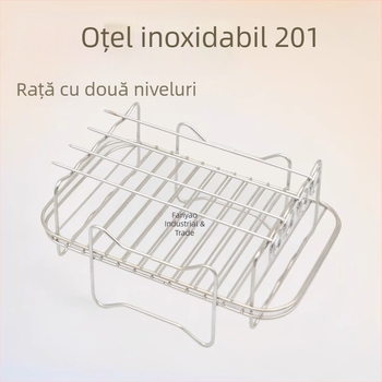 Grilaj dreptunghiular din oțel inoxidabil, două niveluri, cu patru frigărui, pentru air fryer și grătar de casă