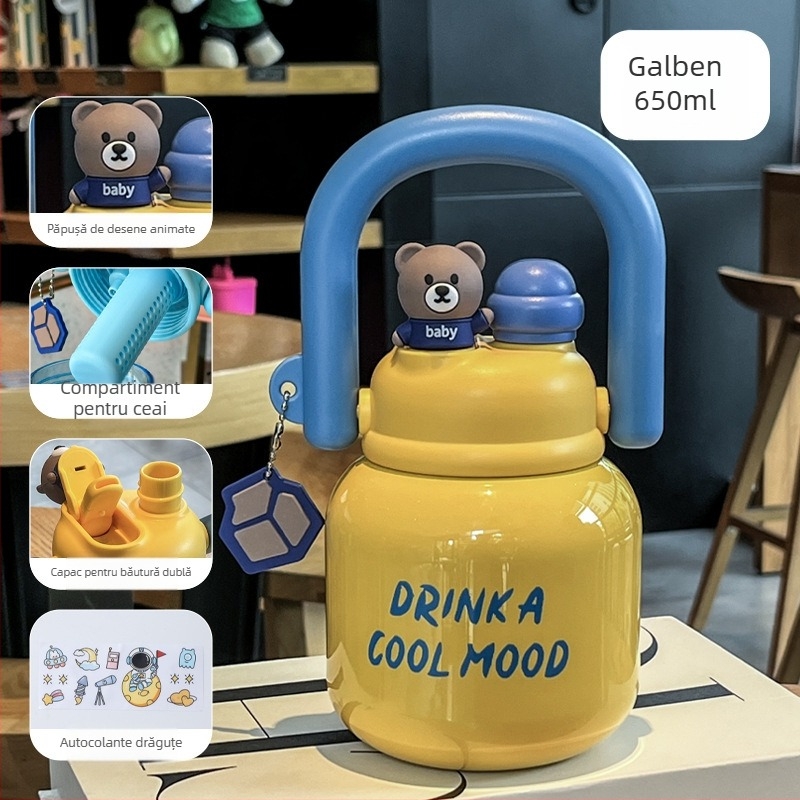 Termos pentru copii din oțel inoxidabil 316, capacitate mare, portabil cu curea, pai, capac cu închidere