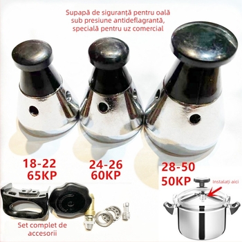 Accesorii pentru oale sub presiune comerciale: supapă limitatoare de presiune, supapă de eliberare a presiunii, supapă de lucru, cap de supapă pentru capac.