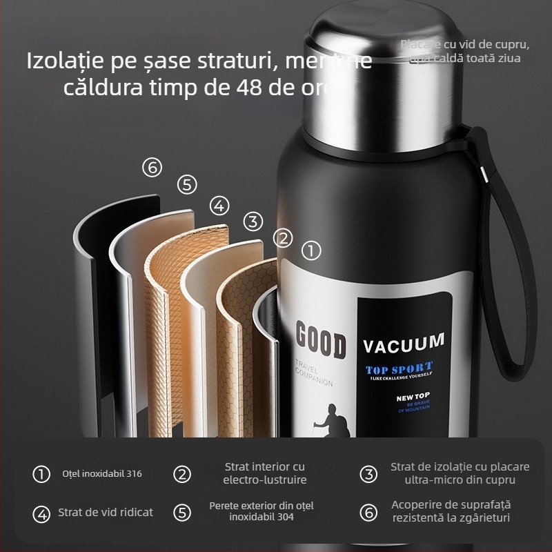 Termos bărbătesc pentru exterior, 1500 ml, interior din oțel inoxidabil 316, compartiment pentru ceai, izolație vid, potrivit pentru mașină, cadou personalizabil