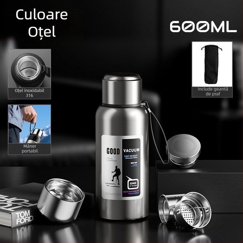 Termos bărbătesc pentru exterior, 1500 ml, interior din oțel inoxidabil 316, compartiment pentru ceai, izolație vid, potrivit pentru mașină, cadou personalizabil