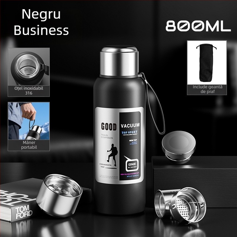 Termos bărbătesc pentru exterior, 1500 ml, interior din oțel inoxidabil 316, compartiment pentru ceai, izolație vid, potrivit pentru mașină, cadou personalizabil