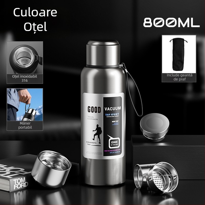 Termos bărbătesc pentru exterior, 1500 ml, interior din oțel inoxidabil 316, compartiment pentru ceai, izolație vid, potrivit pentru mașină, cadou personalizabil