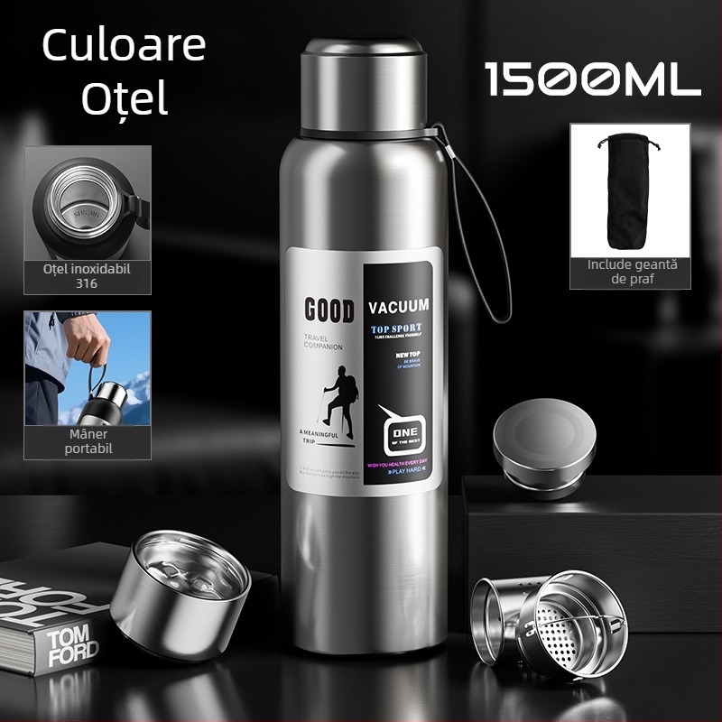 Termos bărbătesc pentru exterior, 1500 ml, interior din oțel inoxidabil 316, compartiment pentru ceai, izolație vid, potrivit pentru mașină, cadou personalizabil