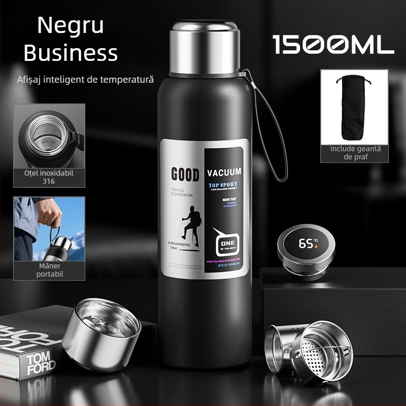 Termos bărbătesc pentru exterior, 1500 ml, interior din oțel inoxidabil 316, compartiment pentru ceai, izolație vid, potrivit pentru mașină, cadou personalizabil