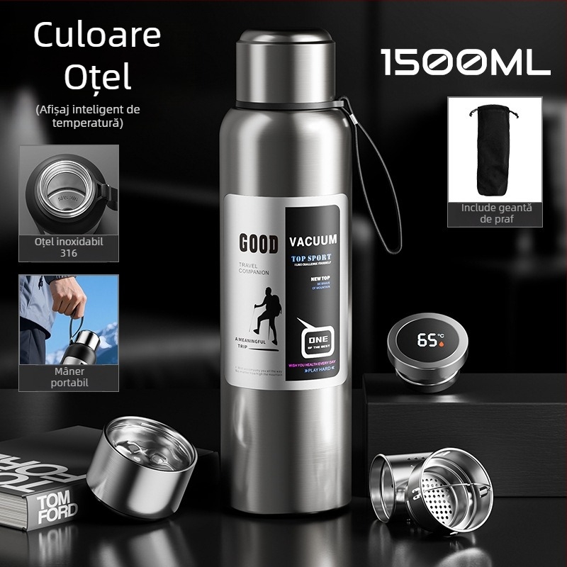 Termos bărbătesc pentru exterior, 1500 ml, interior din oțel inoxidabil 316, compartiment pentru ceai, izolație vid, potrivit pentru mașină, cadou personalizabil