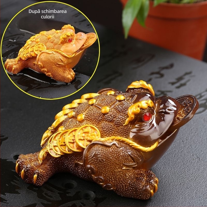 Ornament Tea Pet din rășină: broască de baltă aurie cu trei picioare pentru masă de ceai, accesoriu pentru set ceai cu schimbare de culoare