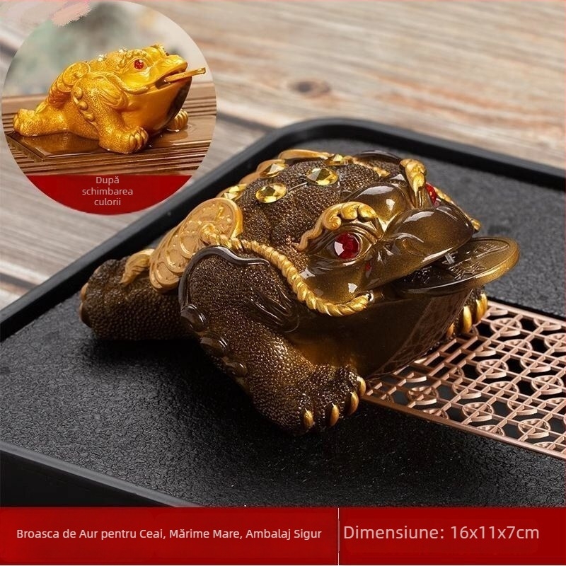Ornament Tea Pet din rășină: broască de baltă aurie cu trei picioare pentru masă de ceai, accesoriu pentru set ceai cu schimbare de culoare