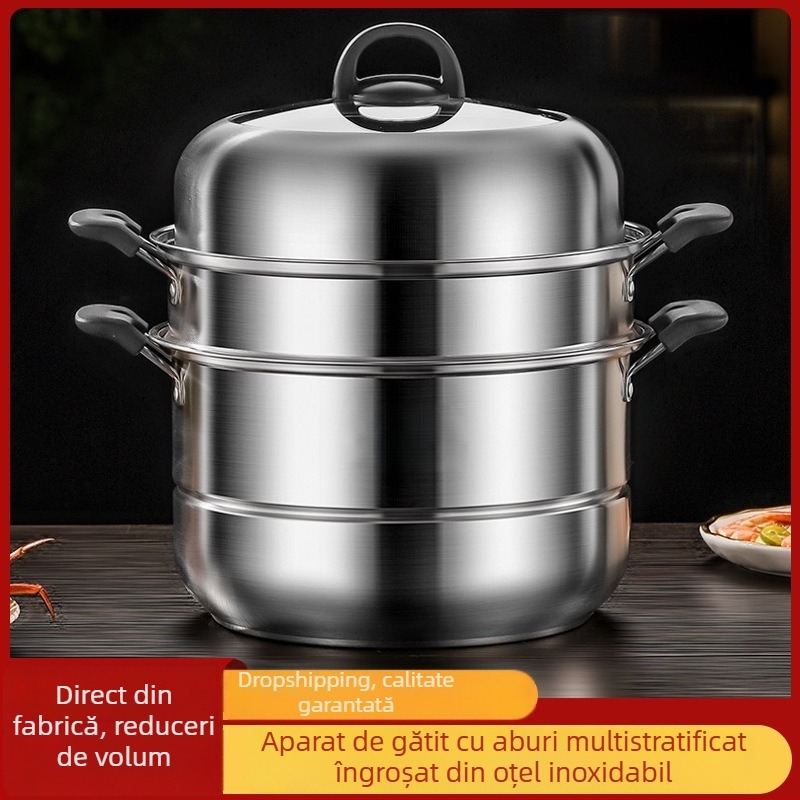 Aburitor din oțel inoxidabil cu trei niveluri, pentru uz casnic, capacitate mare, compatibil cu plitele cu inducție și gaz.