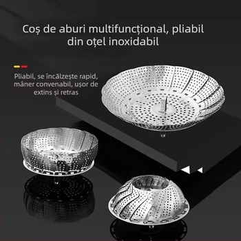 Coș de aburi din oțel inoxidabil, suport telescopic pliabil, tavă de aburi alimentară cu trei dimensiuni: mare, mediu, mic