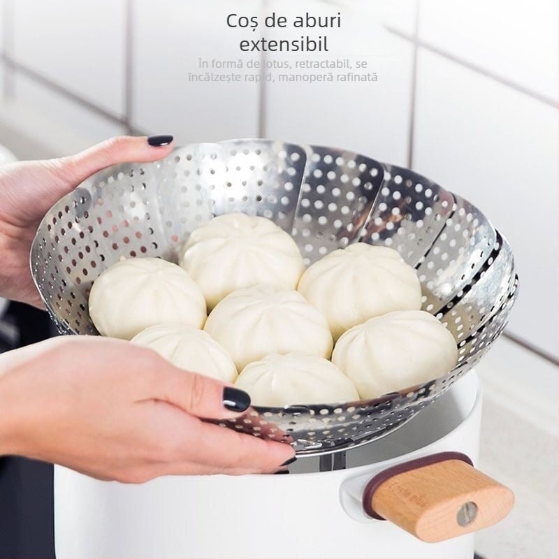 Coș de aburi din oțel inoxidabil, suport telescopic pliabil, tavă de aburi alimentară cu trei dimensiuni: mare, mediu, mic