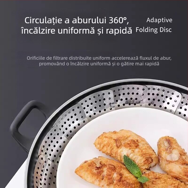 Coș de aburi din oțel inoxidabil, suport telescopic pliabil, tavă de aburi alimentară cu trei dimensiuni: mare, mediu, mic