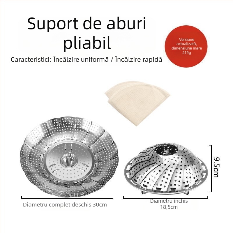 Coș de aburi din oțel inoxidabil, suport telescopic pliabil, tavă de aburi alimentară cu trei dimensiuni: mare, mediu, mic