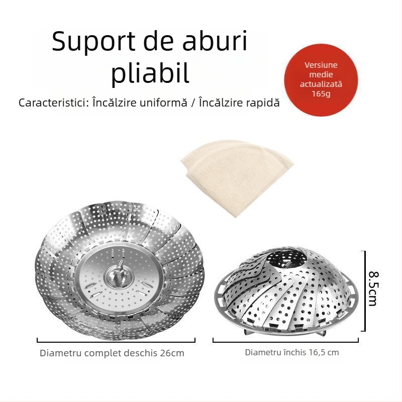 Coș de aburi din oțel inoxidabil, suport telescopic pliabil, tavă de aburi alimentară cu trei dimensiuni: mare, mediu, mic