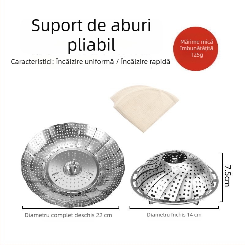 Coș de aburi din oțel inoxidabil, suport telescopic pliabil, tavă de aburi alimentară cu trei dimensiuni: mare, mediu, mic