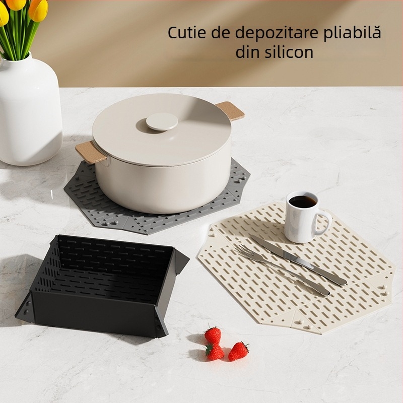 Covoraș din silicon pliabil pentru scurgere și uscare vase – pentru masă, oale și cești – izolație termică, formă rotundă sau pătrată