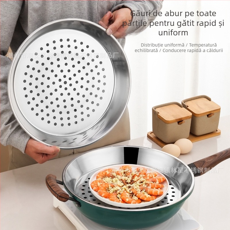 Tavă de aburi din oțel inoxidabil pentru wok, grilă de aburi cu găuri fine, tavă circulară de scurgere a apei