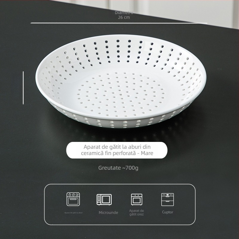 Set de boluri de sticlă cu tavă ceramică pentru aburire, tavă de abur cu mai multe găuri, tavă de scurgere, suport de abur cu separare a apei, tavă de fructe, grătar rotund
