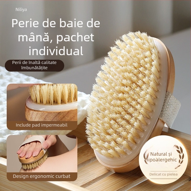 Perie de baie cu peri de porc, pentru corp și duș, perie de masaj și curățare, manuală