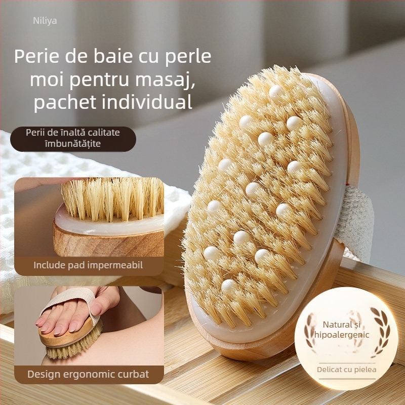 Perie de baie cu peri de porc, pentru corp și duș, perie de masaj și curățare, manuală