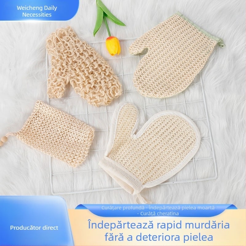 Mănuși de baie din in, set cu minge de baie, prosop exfoliant pentru corp și săpun cu argilă