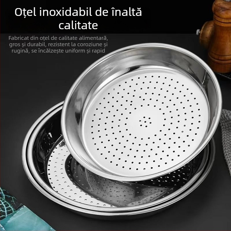 Tavă rotundă pentru aburi din oțel inoxidabil pentru chifle la abur și găluște, tavă de aburi adâncită și îngroșată pentru uz casnic, grilă/raft pentru aburi cu separare de apă