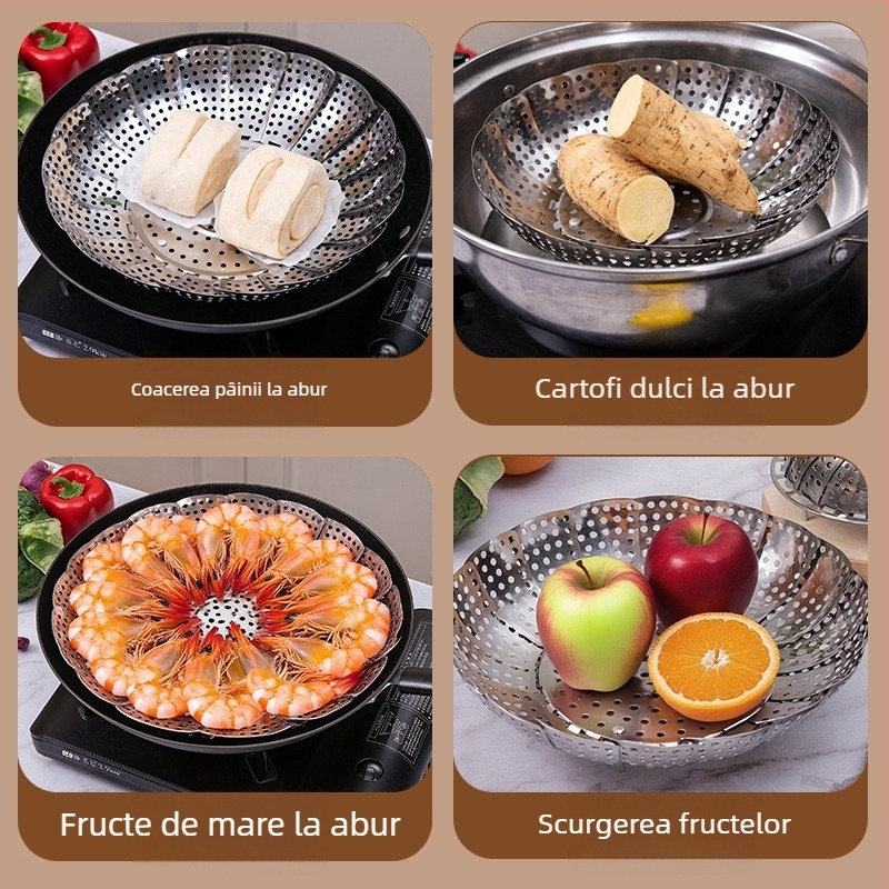 Raft de aburi din oțel inoxidabil, pliabil și telescopic, pentru bucătărie, tavă de aburi multifuncțională