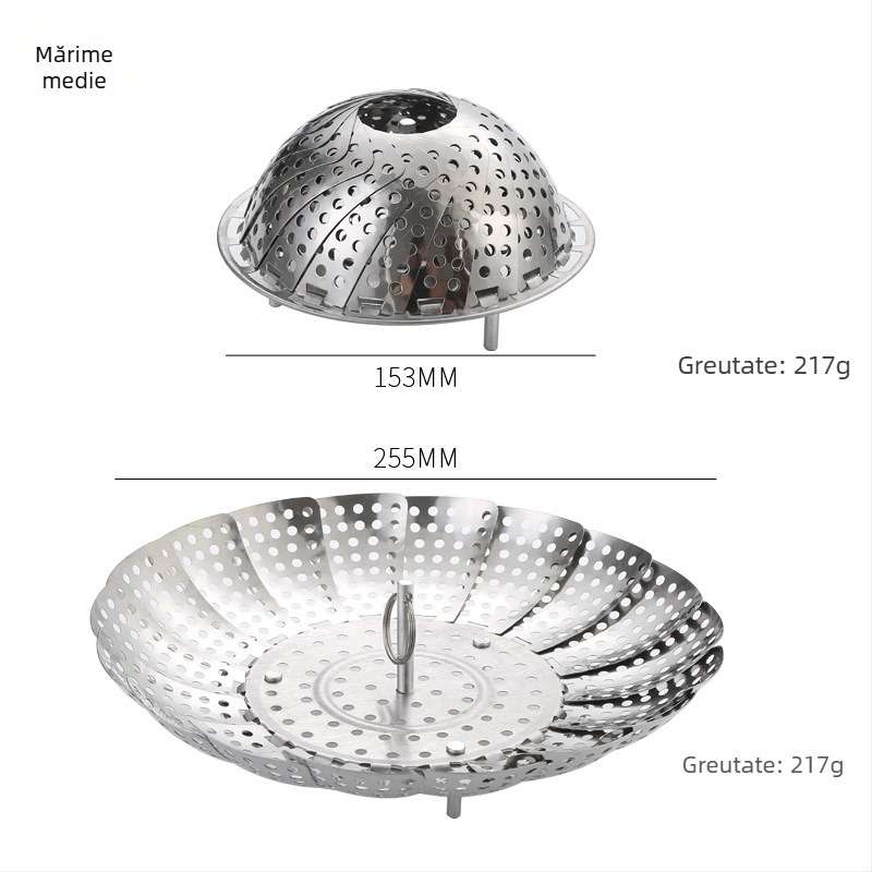 Raft de aburi din oțel inoxidabil, extensibil și pliabil, cu tavă cu grilă pentru legume și fructe