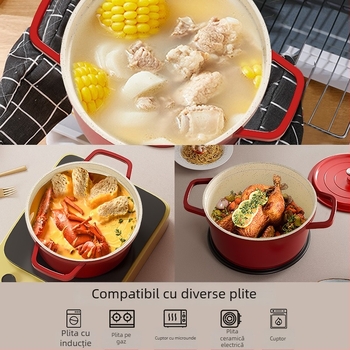 Oală emailată cu două mâneri pentru supe și tocănițe, din aliaj de aluminiu, capac din porțelan, antiaderent, bază dublu strat, 2,1–4 L