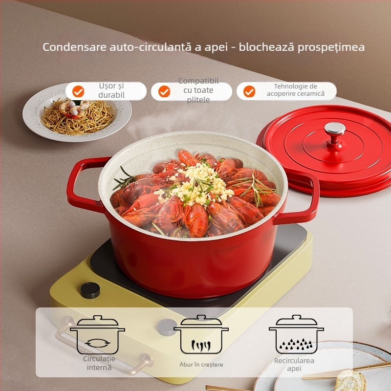 Oală emailată cu două mâneri pentru supe și tocănițe, din aliaj de aluminiu, capac din porțelan, antiaderent, bază dublu strat, 2,1–4 L