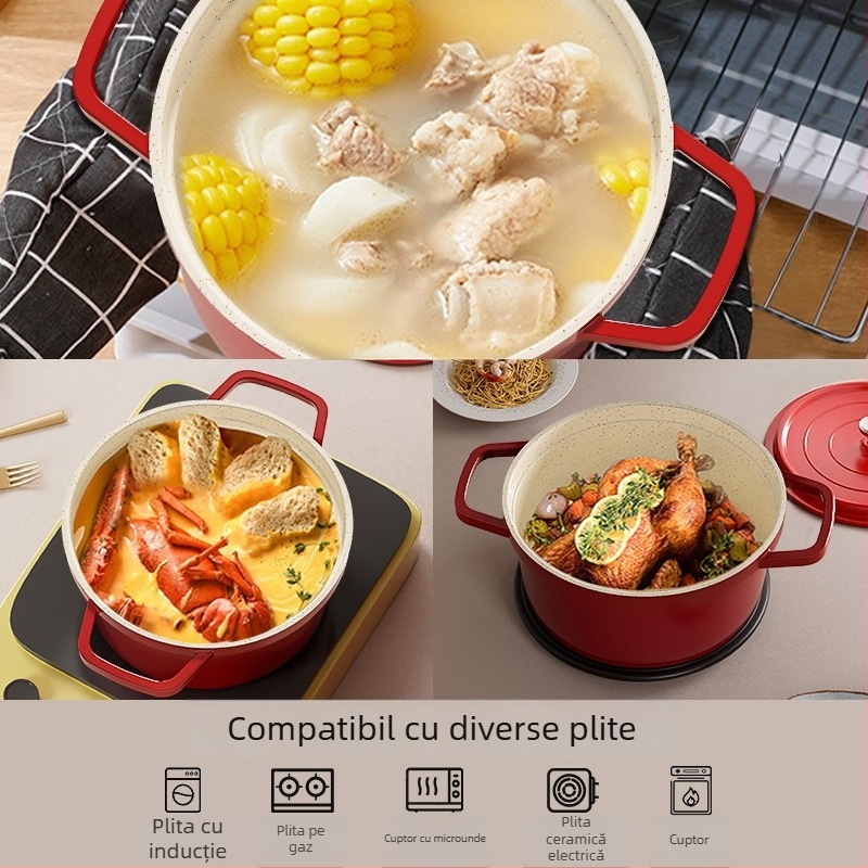 Oală emailată cu două mâneri pentru supe și tocănițe, din aliaj de aluminiu, capac din porțelan, antiaderent, bază dublu strat, 2,1–4 L