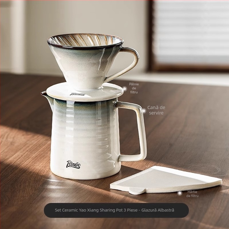 Bincoo Set de cafea pour-over cu filtru ceramic, vas pentru împărțire și râșniță manuală pentru uz casnic