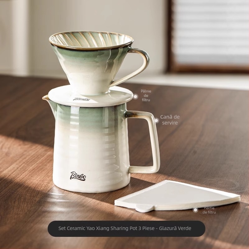 Bincoo Set de cafea pour-over cu filtru ceramic, vas pentru împărțire și râșniță manuală pentru uz casnic