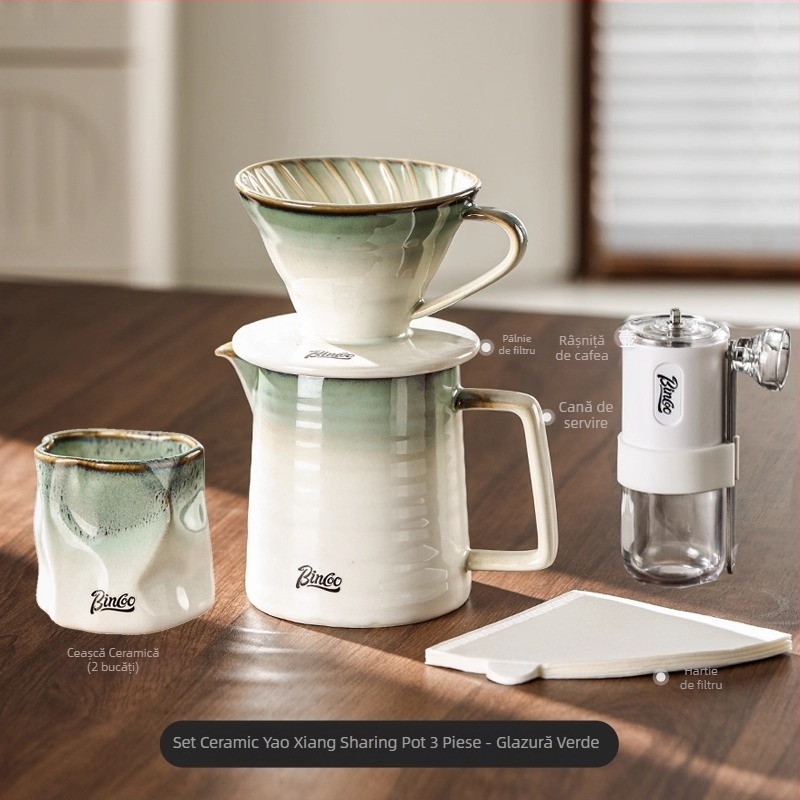 Bincoo Set de cafea pour-over cu filtru ceramic, vas pentru împărțire și râșniță manuală pentru uz casnic