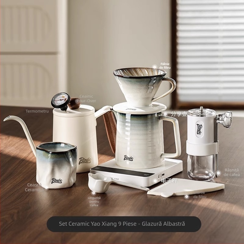 Bincoo Set de cafea pour-over cu filtru ceramic, vas pentru împărțire și râșniță manuală pentru uz casnic