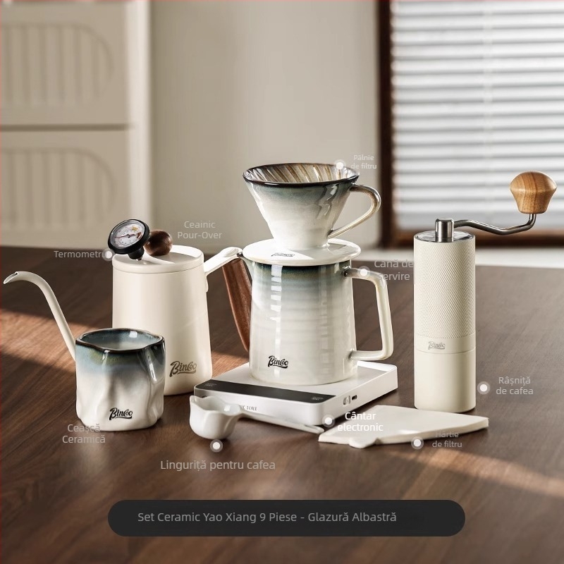 Bincoo Set de cafea pour-over cu filtru ceramic, vas pentru împărțire și râșniță manuală pentru uz casnic