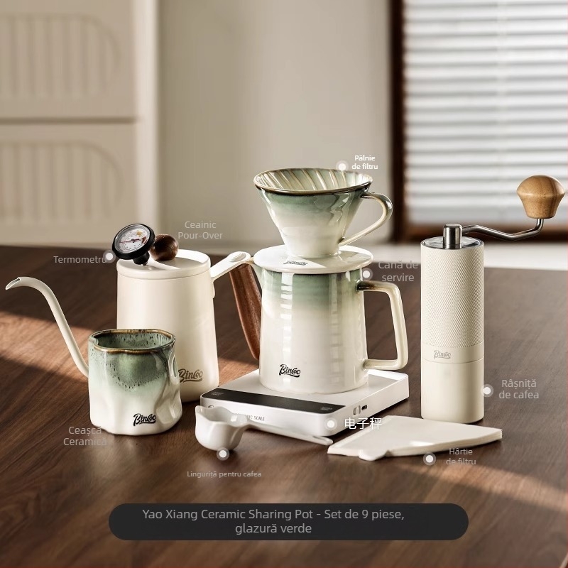 Bincoo Set de cafea pour-over cu filtru ceramic, vas pentru împărțire și râșniță manuală pentru uz casnic