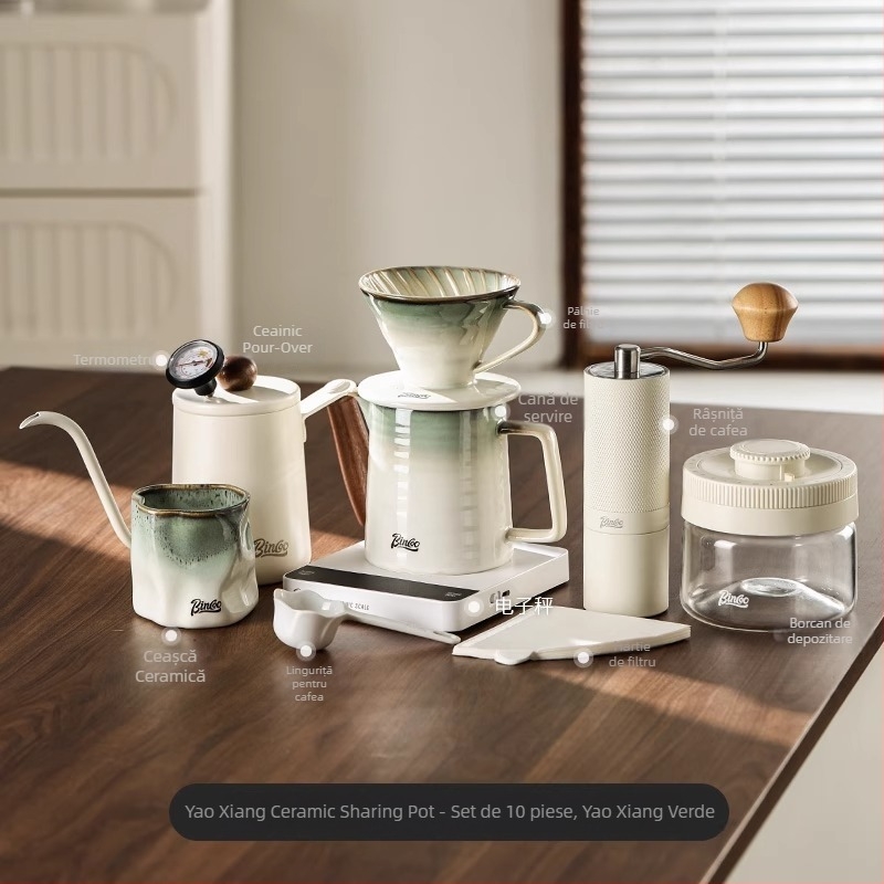 Bincoo Set de cafea pour-over cu filtru ceramic, vas pentru împărțire și râșniță manuală pentru uz casnic