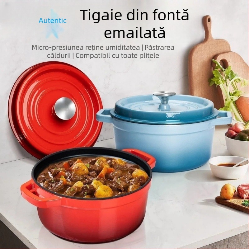 Oală de fontă emailată, netencuită, antiaderentă, pentru supă și tocană, vas multifuncțional