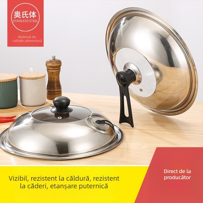 Capac din oțel inoxidabil pentru uz casnic, gros pentru wok și tigaie, anti-arzire, design înalt arcuit, capac cu vizor, universal pentru aburi și tigănii din fontă