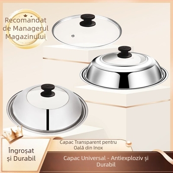 Capac de aburi pentru wok din oțel inoxidabil, cu geam temperat de înaltă rezistență, tip gură plată, compatibil cu mai multe dimensiuni de oale.
